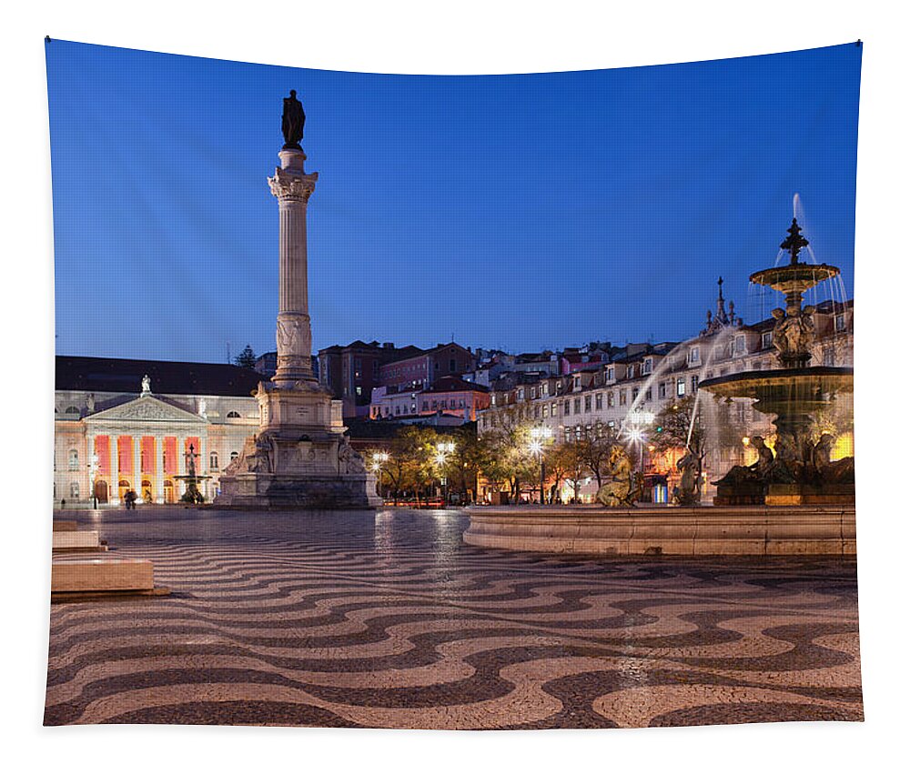 Fountain Tapestry featuring the photograph Rossio Square by Night in Lisbon by Artur Bogacki