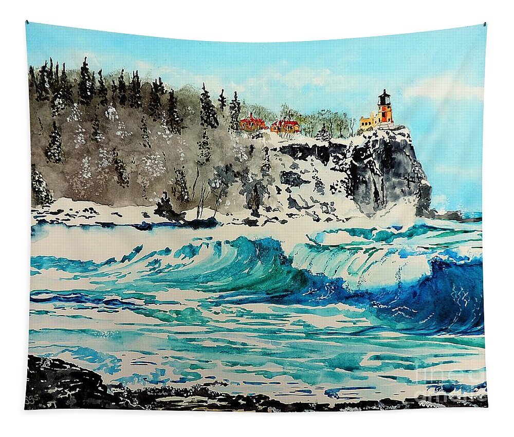 Split Rock Tapestry featuring the painting Rough Water at Split Rock by Tom Riggs