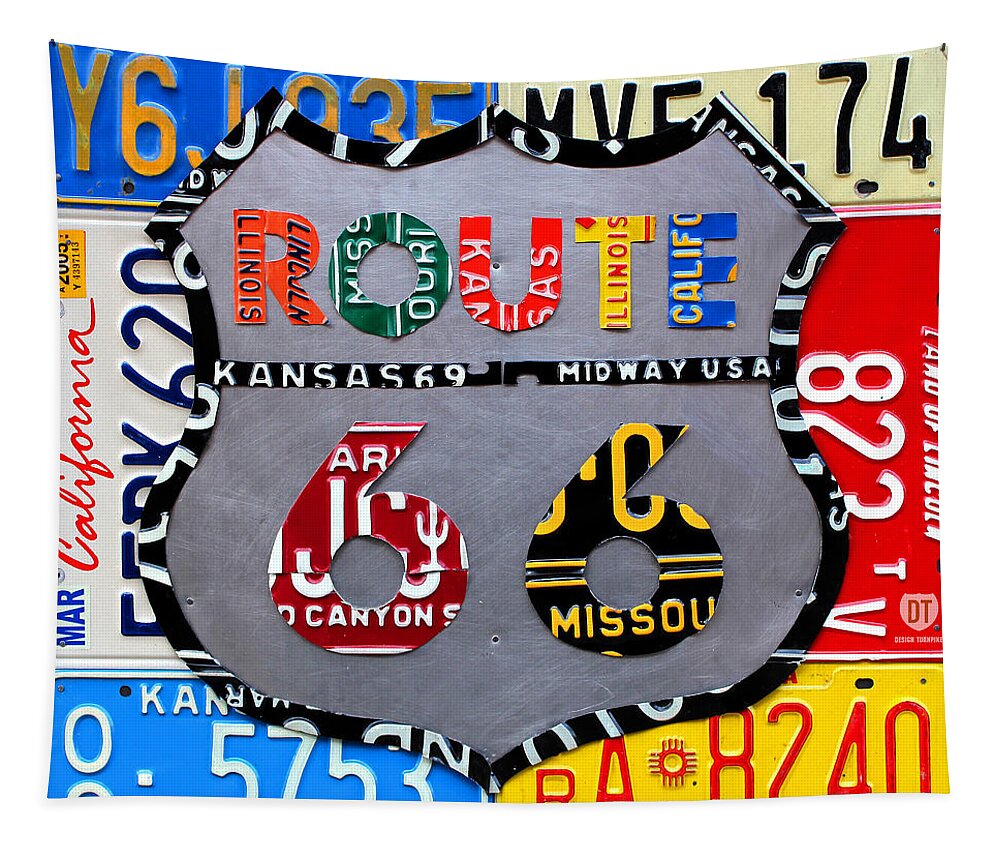 Route 66 Highway Road Sign License Plate Art Travel License Plate Map Tapestry featuring the mixed media Route 66 Highway Road Sign License Plate Art by Design Turnpike