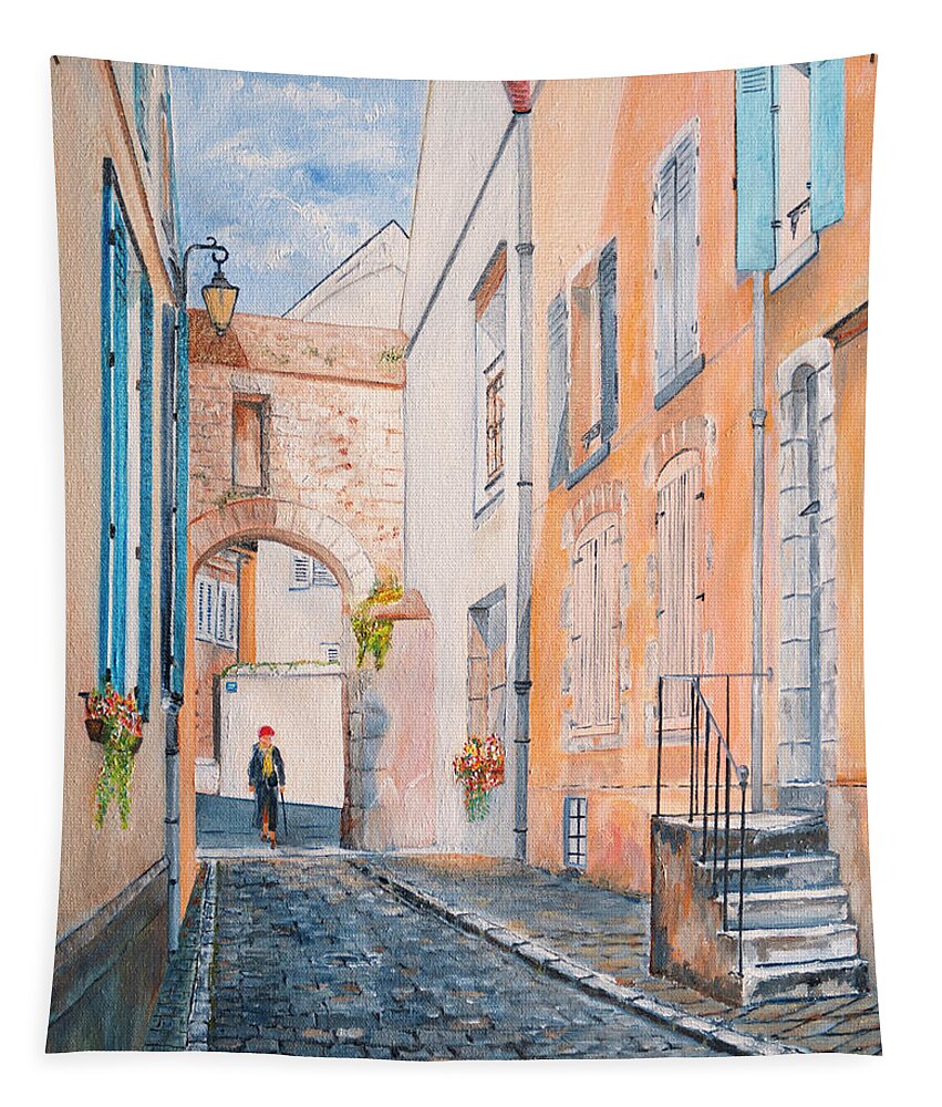 Oil Painting Tapestry featuring the painting Rue Saint Yves - Chartres - France - Oil on canvas by Jean-Pierre Ducondi