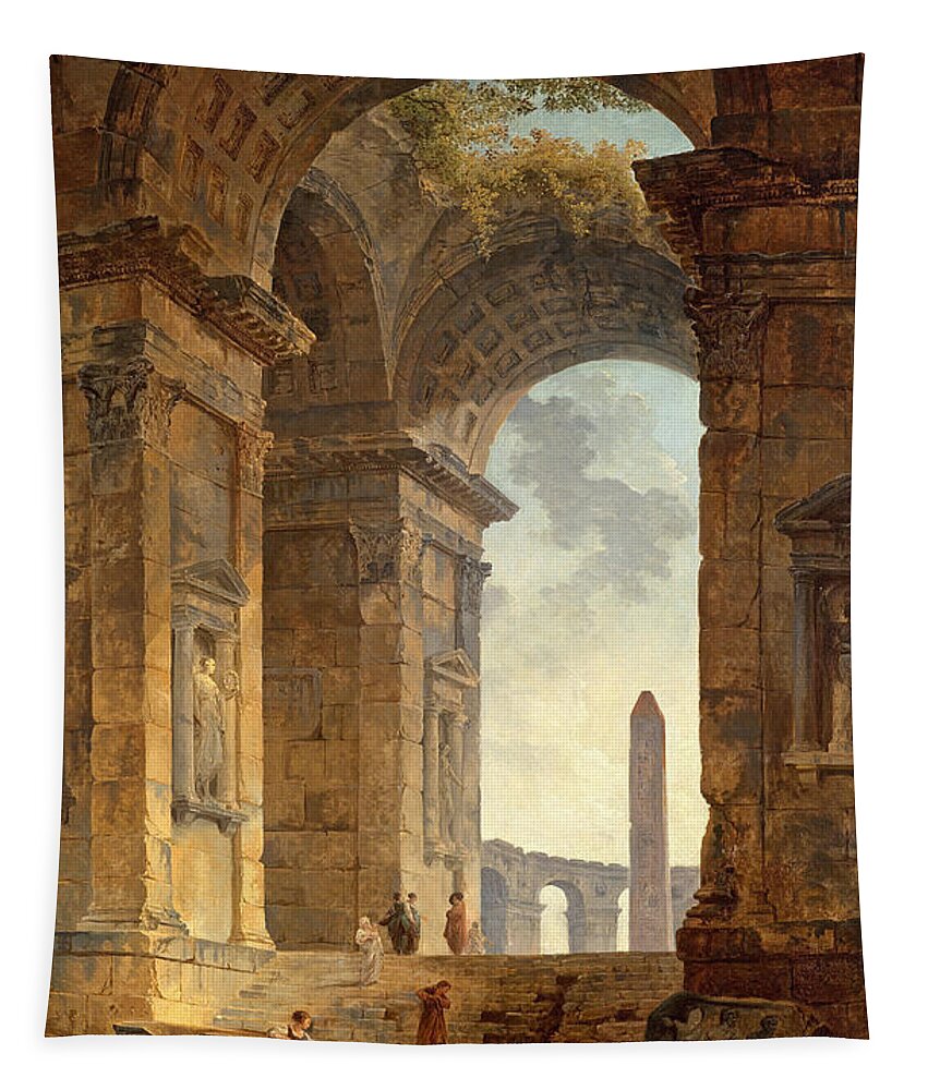 Hubert Robert Tapestry featuring the painting Ruins with an Obelisk in the Distance  by Hubert Robert