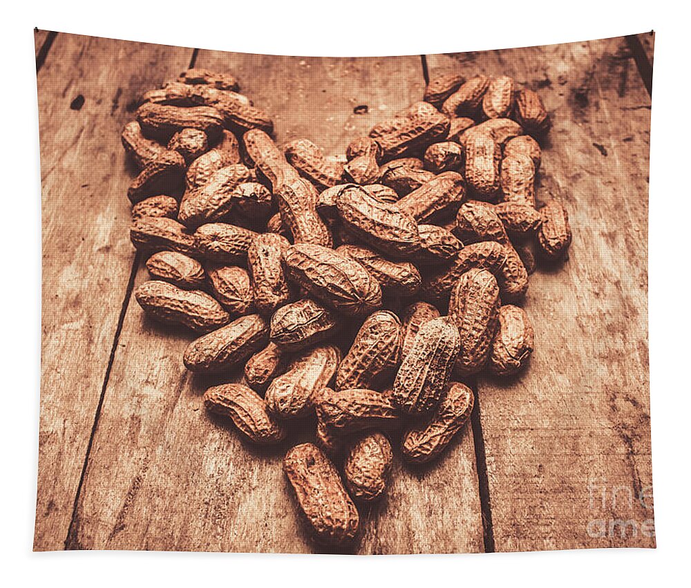 Peanut Tapestry featuring the photograph Rustic country peanut heart. Natural foods by Jorgo Photography