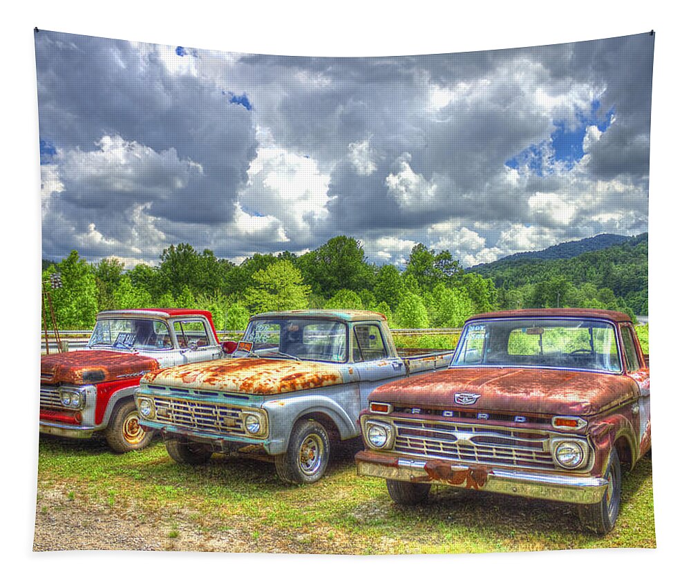 Reid Callaway Antique Ford Trucks Tapestry featuring the photograph Rusty Brothers Ford Trucks 1960 1964 1966 Antique Automotive Art by Reid Callaway