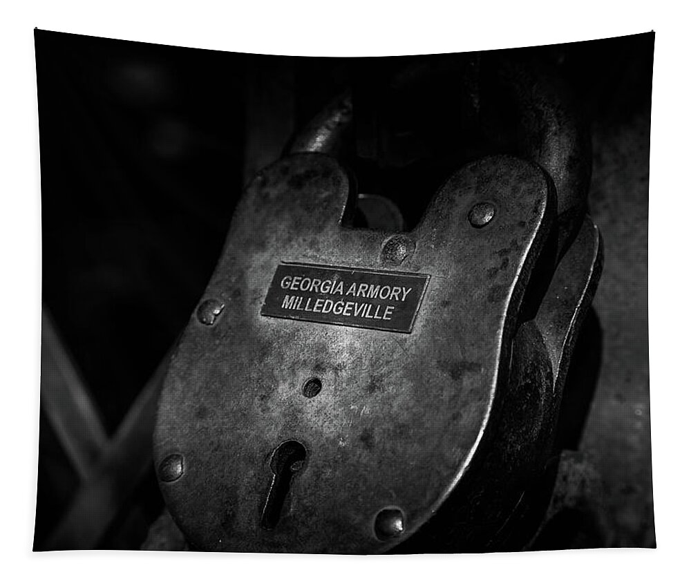Rusty Lock Tapestry featuring the photograph Rusty Lock in BW by Doug Camara