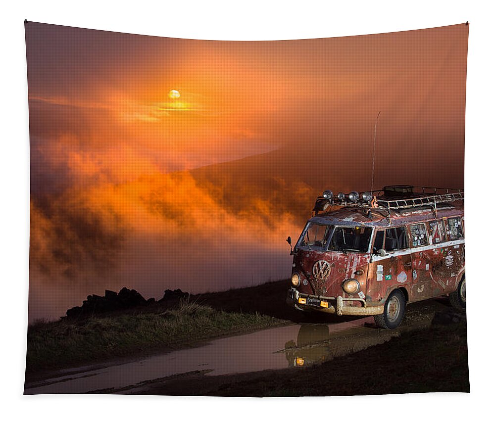 Mount Shasta Tapestry featuring the photograph Rustybus Above the Sunset by Richard Kimbrough