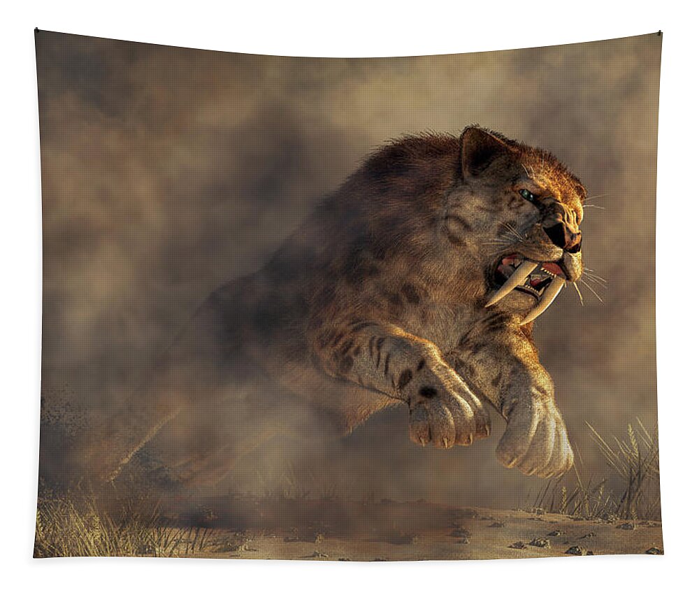 Sabre Tooth Pounce Tapestry featuring the digital art Sabre Tooth Pounce by Daniel Eskridge