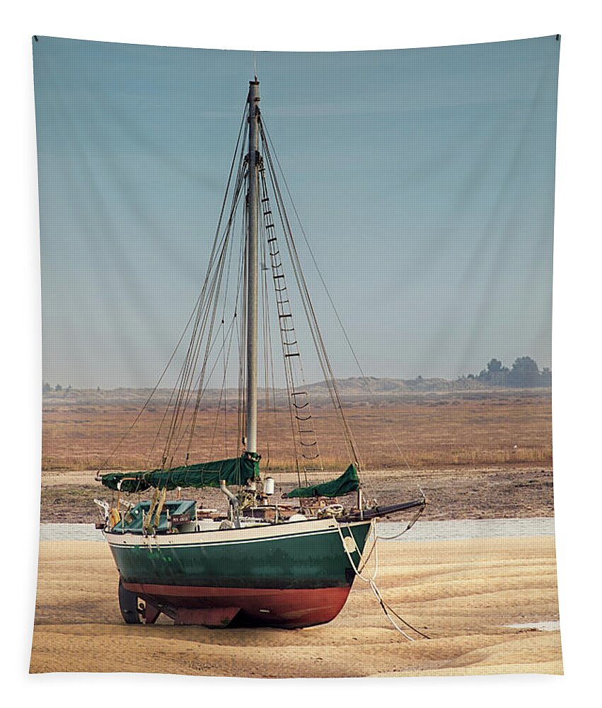 Wells Tapestry featuring the photograph Norfolk sail boat stranded at low tide by Simon Bratt