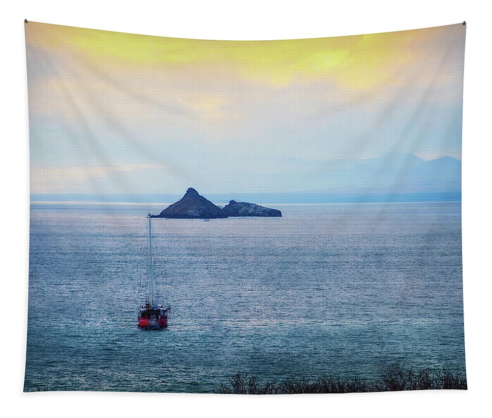 Galapagos Tapestry featuring the digital art Sailboat in the Galapagos by Terry Davis
