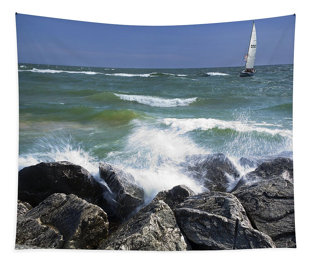 Lake Tapestry featuring the photograph Sailboat sailing off the shore at Ottawa Beach State Park by Randall Nyhof