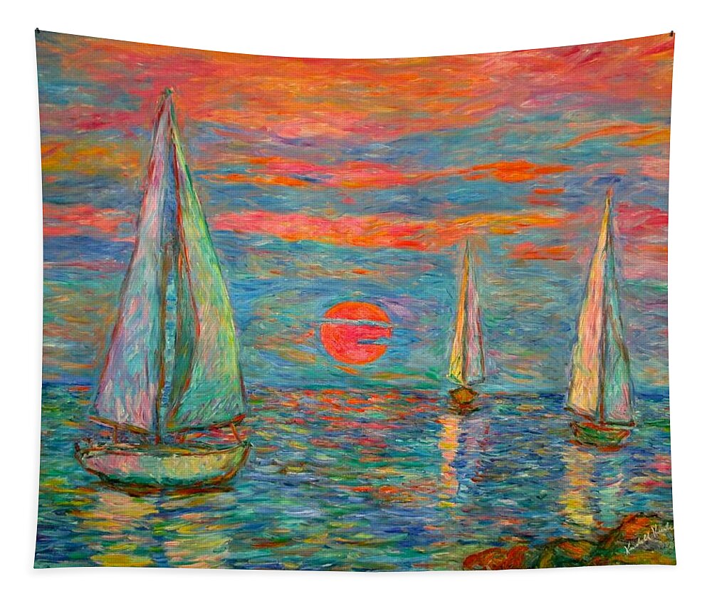 Ocean Sunset Tapestry featuring the painting Sailboat Sunrise by Kendall Kessler