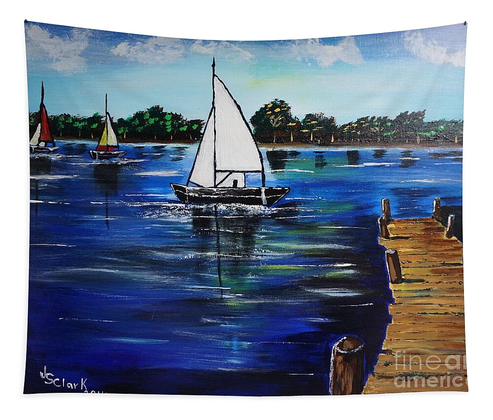 Landscape Tapestry featuring the painting Sailboats and Pier by Jimmy Clark