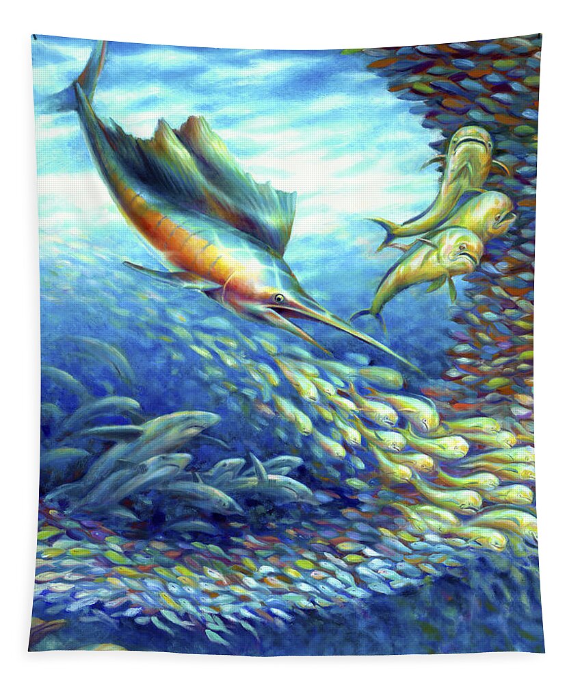 Oil Painting Tapestry featuring the painting Sailfish Plunders Baitball II - Sharks and Dolphin Fish by Nancy Tilles