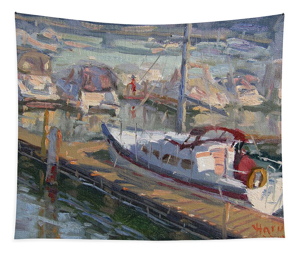 Sailing Boat Tapestry featuring the painting Sailing Boat at North Tonawanda Harbor by Ylli Haruni