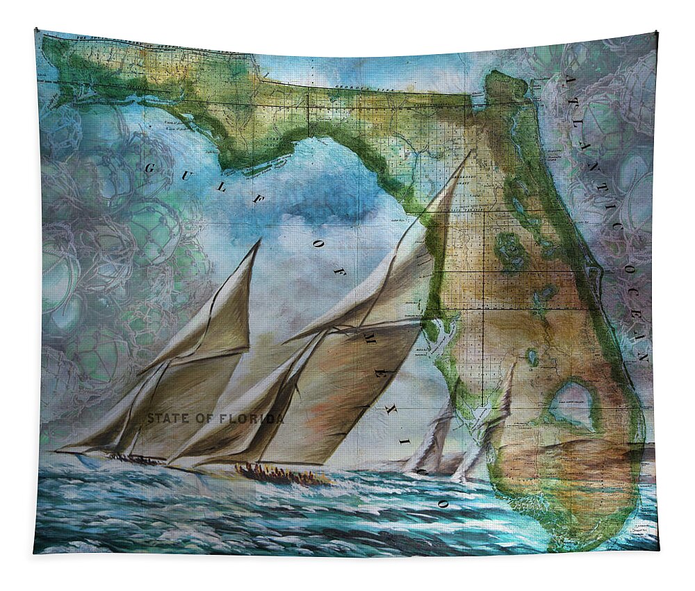 Atlantic Tapestry featuring the photograph Sailing in Florida Antique Map by Debra and Dave Vanderlaan