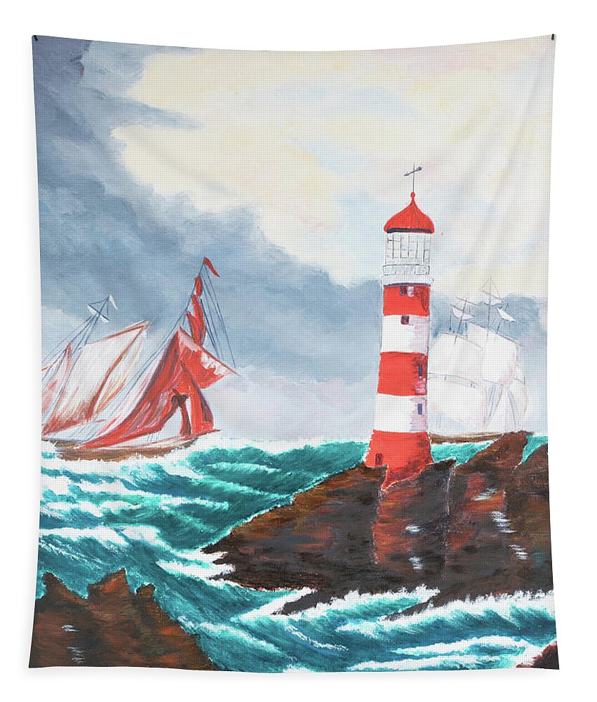 Balener Tapestry featuring the painting Sailing Past the Lighthouse by Laura Richards