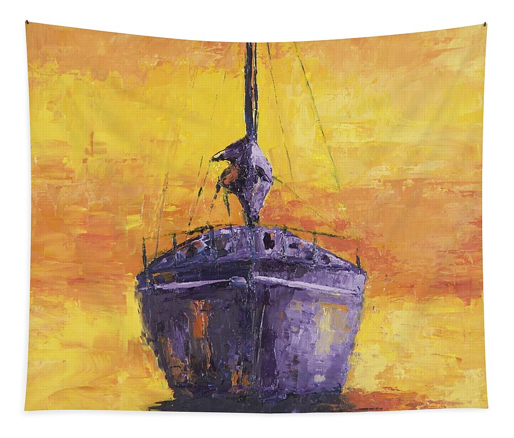 Sailboat Anchored In A Yellow/ Orange Sunset Scene Tapestry featuring the painting Sailor's Delight by Rosie Phillips