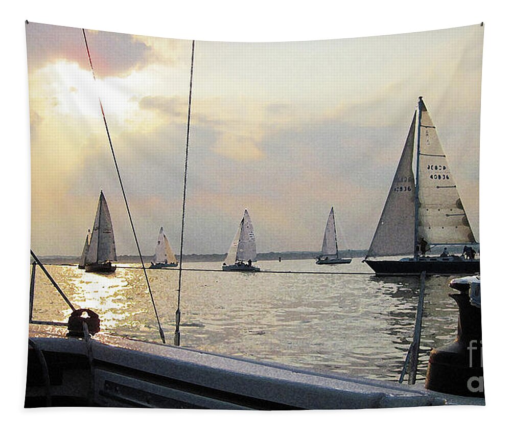 Sailboats Tapestry featuring the digital art Sails in the Sunset by Xine Segalas