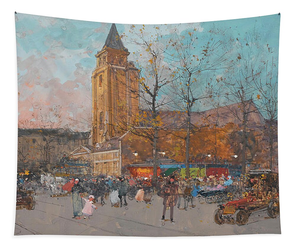 Saint-germain-des-pres Tapestry featuring the painting Saint-Germain-des-Pres, Paris by Eugene Galien-Laloue