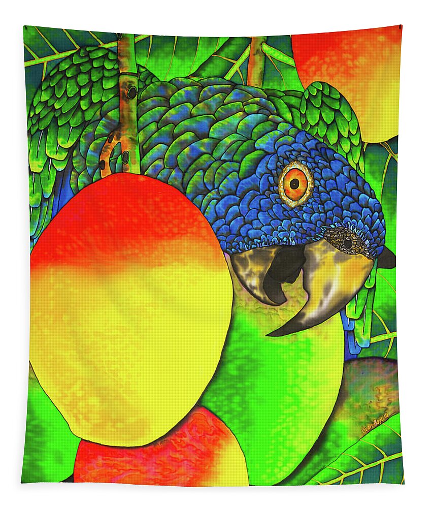 Bird Tapestry featuring the painting Saint Lucia parrot with mangos by Daniel Jean-Baptiste