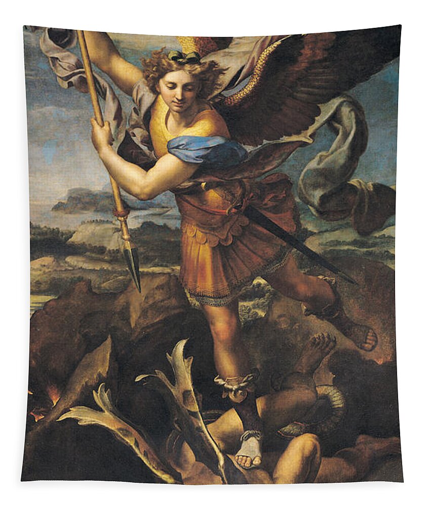 Michael Tapestry featuring the painting Saint Michael Overwhelming the Demon by Raphael