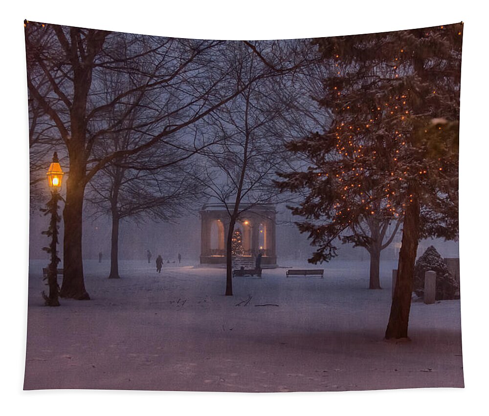 Salem Tapestry featuring the photograph Salem Bandstand as snow falls by Jeff Folger