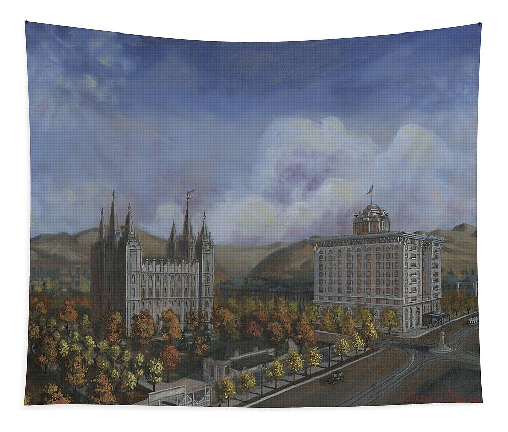 Temple Tapestry featuring the painting Salt Lake City Temple Square Nineteen Twelve Right Panel by Jeff Brimley