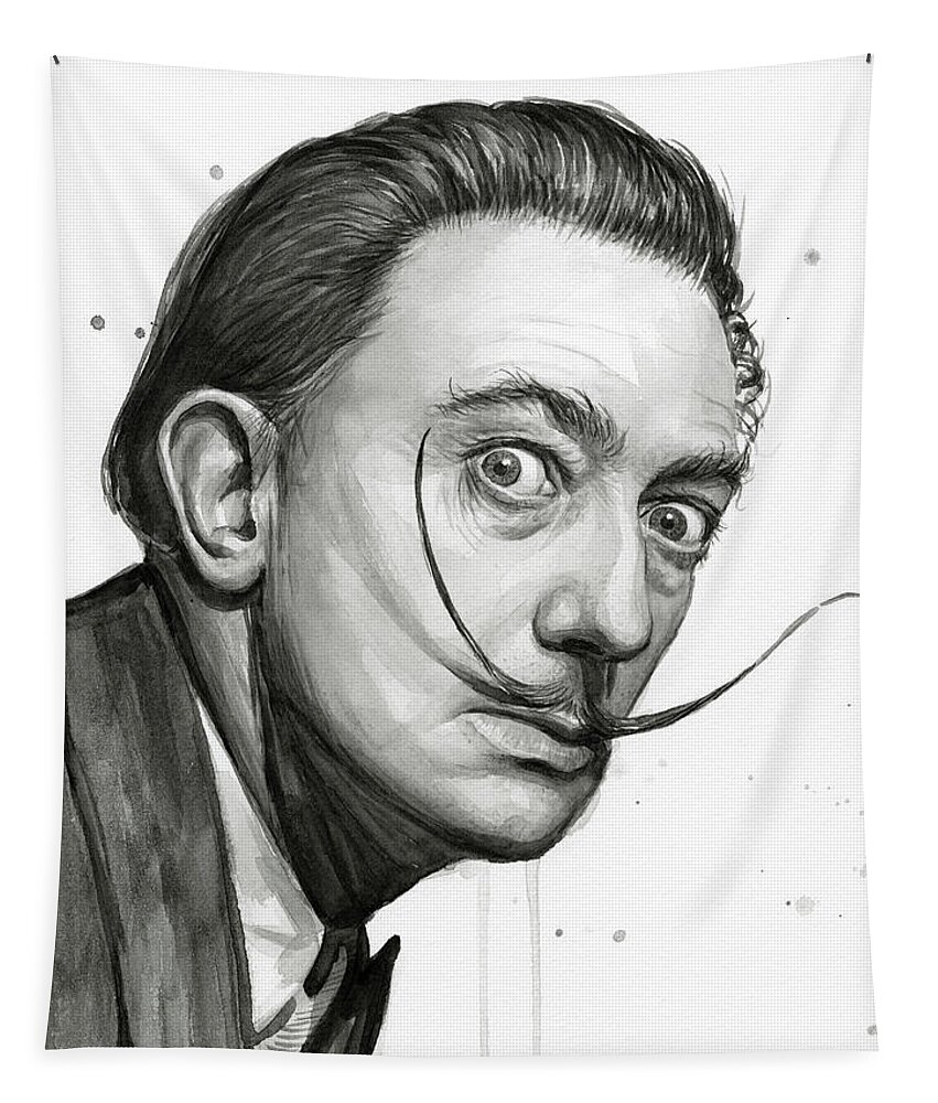 Salvador Dali Tapestry featuring the painting Salvador Dali Portrait Black and White Watercolor by Olga Shvartsur
