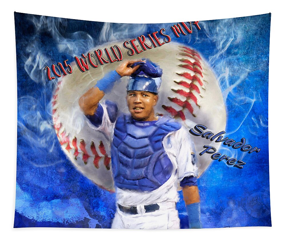 Salvie Tapestry featuring the painting Salvador Perez 2015 World Series MVP by Colleen Taylor