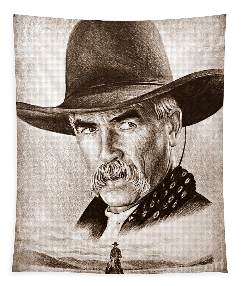 Sam Elliot Tapestry featuring the drawing Sam Elliot The Lone Rider by Andrew Read