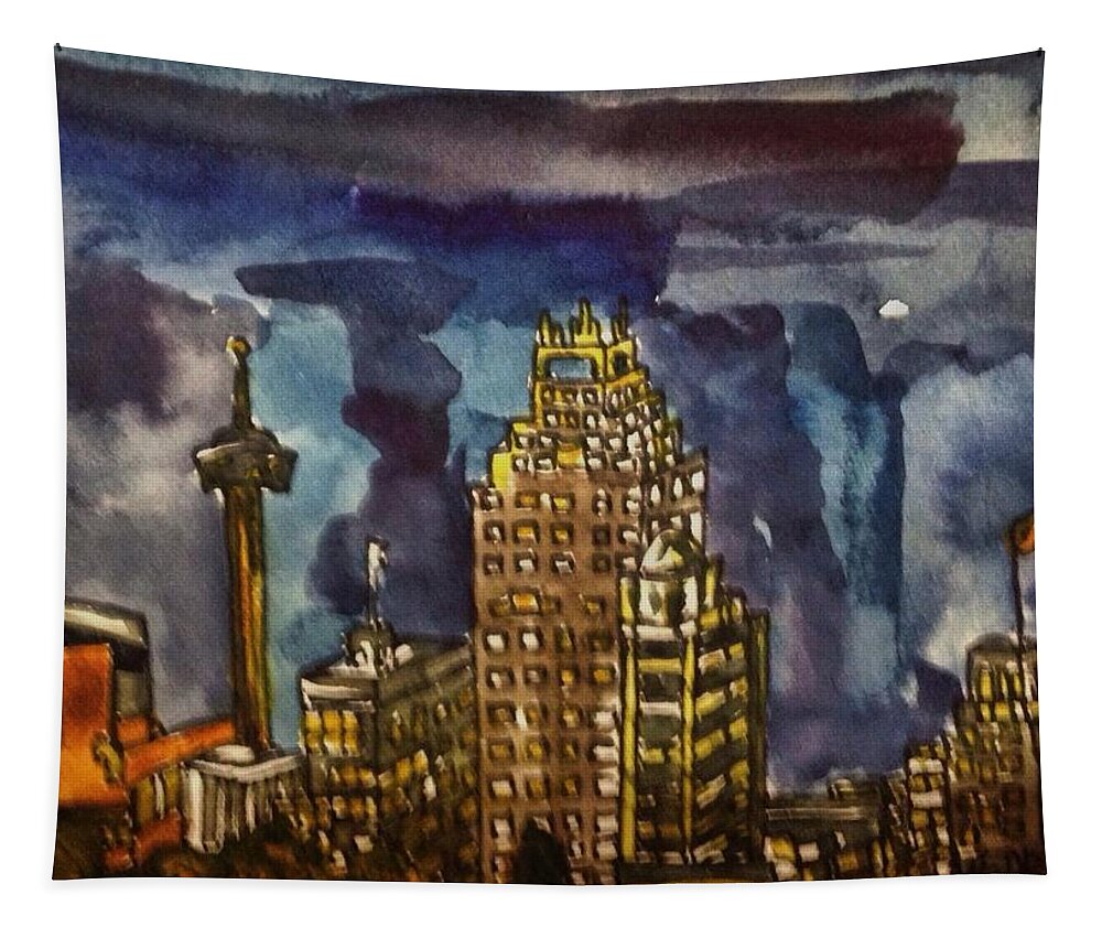 Aceo Tapestry featuring the painting San Antonio at Night #2 by Angela Weddle