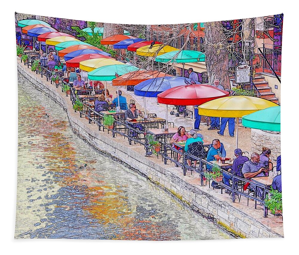 Cafe Tapestry featuring the photograph San Antonio Riverwalk Umbrellas by Kristina Deane