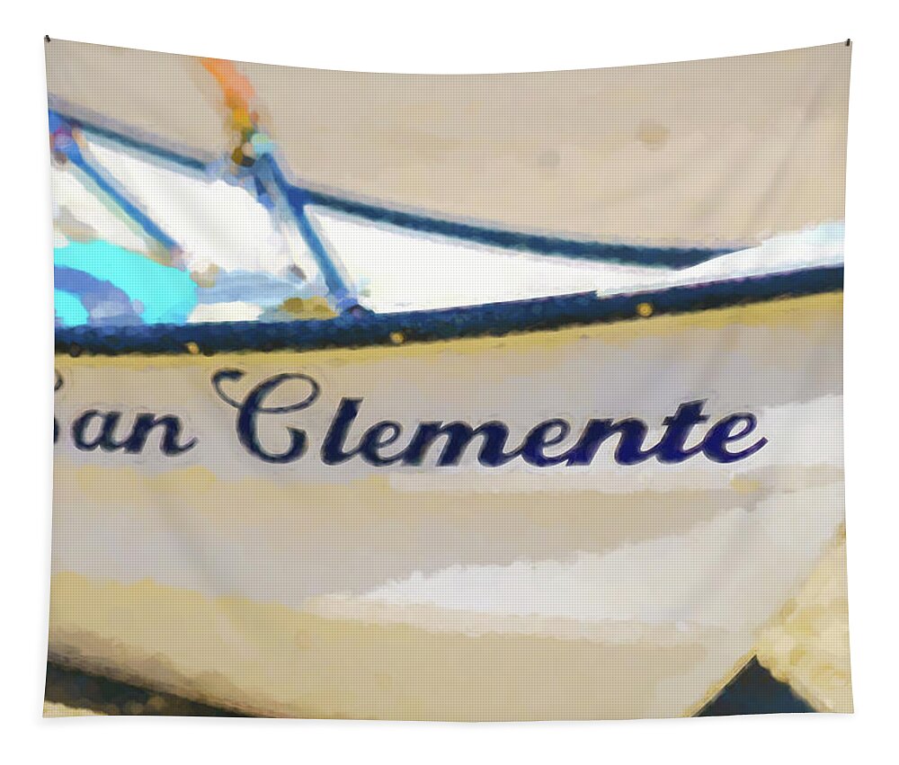 Boat Tapestry featuring the digital art San Clemente To The Rescue Lifeguard Boat Watercolor 2 by Scott Campbell