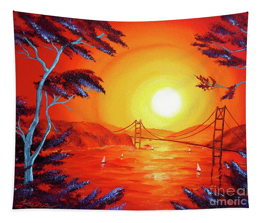 Painting Tapestry featuring the painting San Francisco Bay in Bright Sunset by Laura Iverson