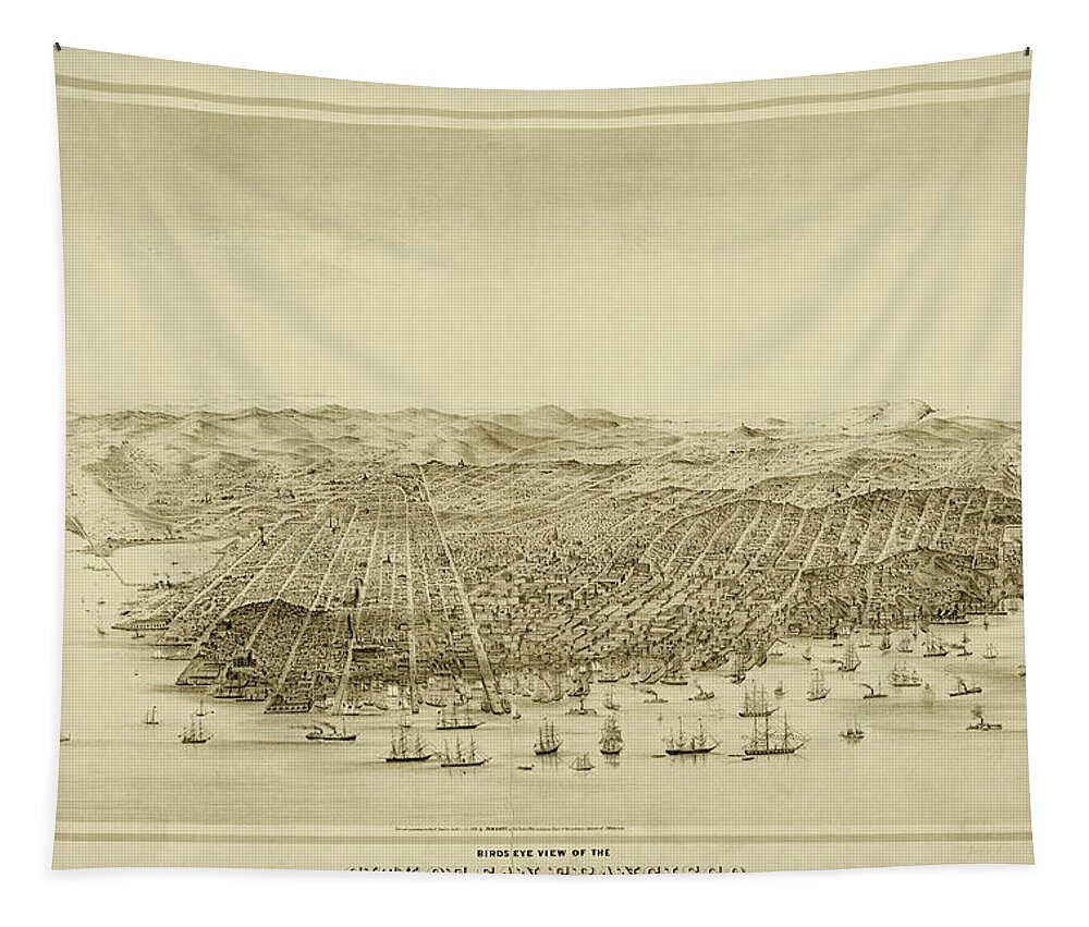 San Tapestry featuring the digital art San Francisco Bird's Eye View Historical Map Sepia by Toby McGuire