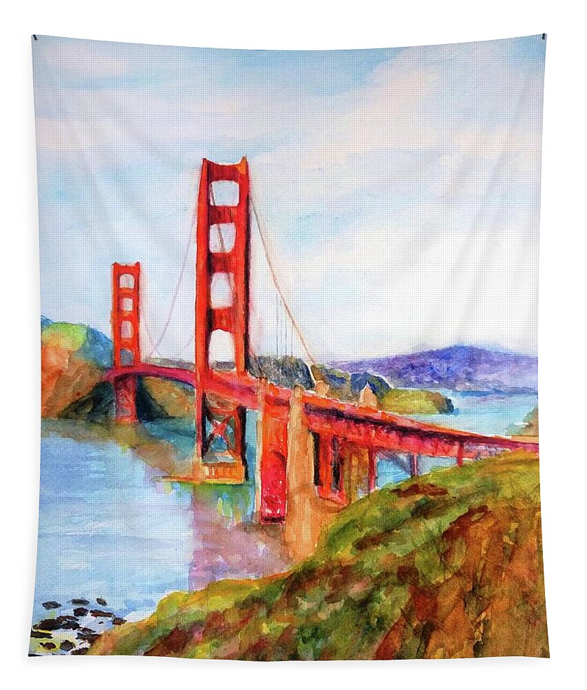 Golden Gate Bridge Tapestry featuring the painting San Francisco Golden Gate Bridge Impressionism by Carlin Blahnik CarlinArtWatercolor