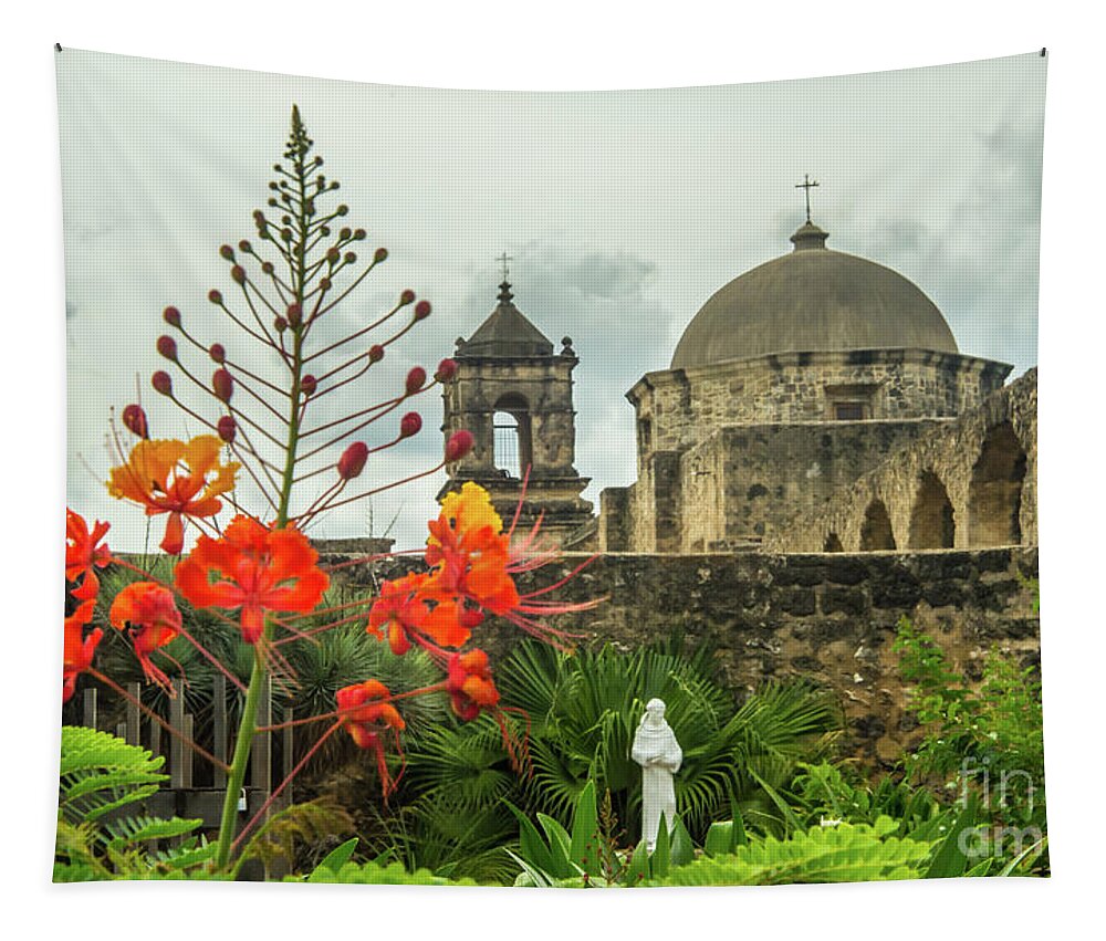 San Antonio Tapestry featuring the photograph Mission San Jose with Pride of Barbados by Michael Tidwell