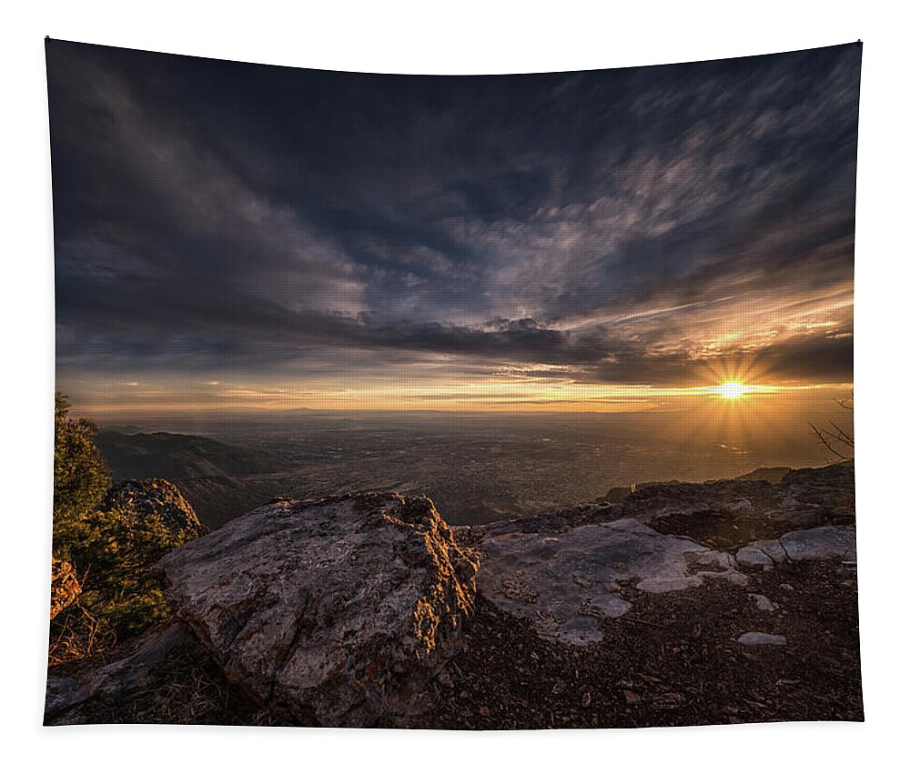 Albuquerque Tapestry featuring the photograph Sandia Peak Sunset full rays by Framing Places