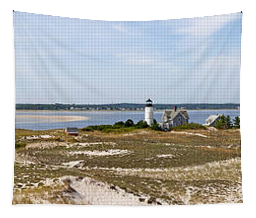 Sandy Neck Tapestry featuring the photograph Sandy Neck Lighthouse with fishing boat by Charles Harden