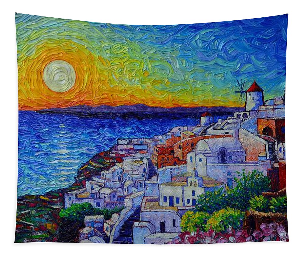 Santorini Tapestry featuring the painting SANTORINI OIA SUNSET modern impressionist impasto palette knife oil painting by Ana Maria Edulescu by Ana Maria Edulescu