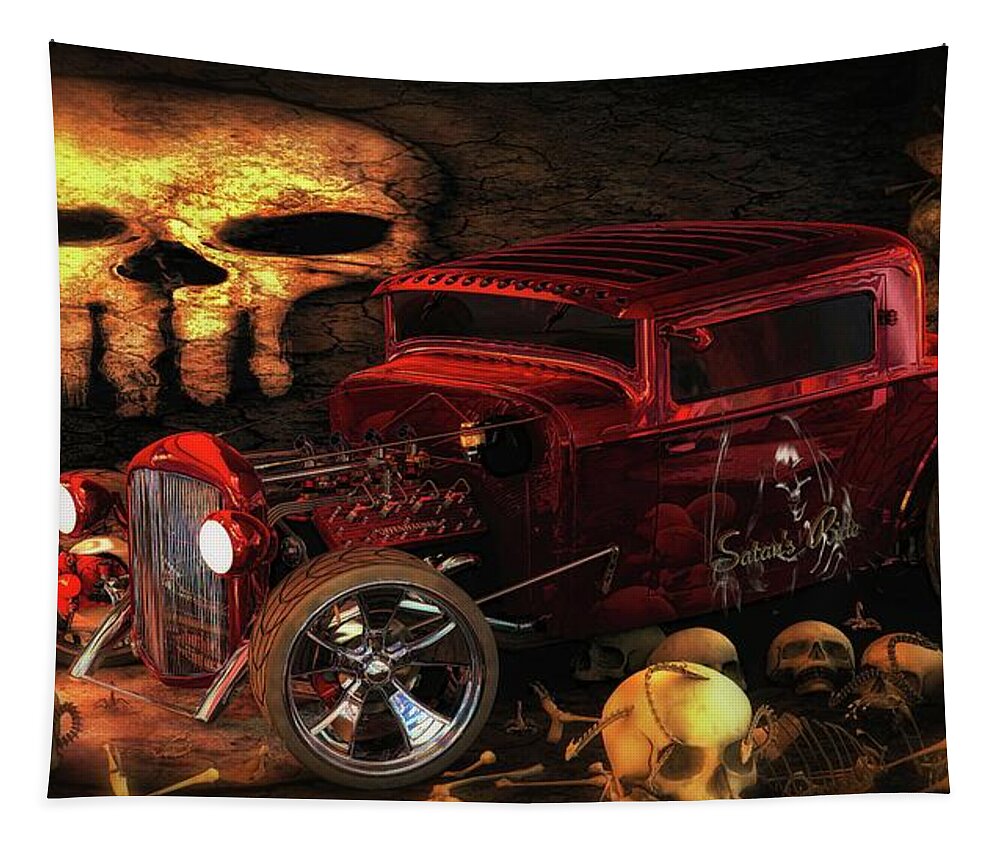 Ford # Ford Flathead # Hotrod # V8 # 1930 Ford # Multiple-carburetors # Custom Car # Skulls # Cinema 4d # Photoshop # Custom Hot Rod # Satanic #satan Tapestry featuring the digital art Satan Ride by Louis Ferreira