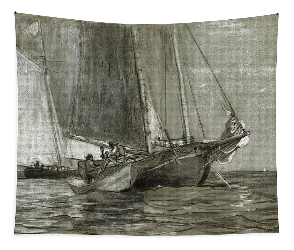 Winslow Homer Tapestry featuring the drawing Schooner at Anchor by Winslow Homer