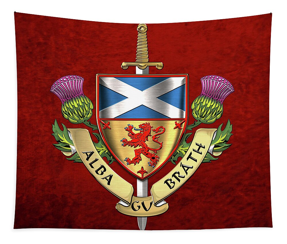 “world Heraldry” Collection Serge Averbukh Tapestry featuring the digital art Scotland Forever - Alba Gu Brath - Symbols of Scotland over Red Velvet by Serge Averbukh