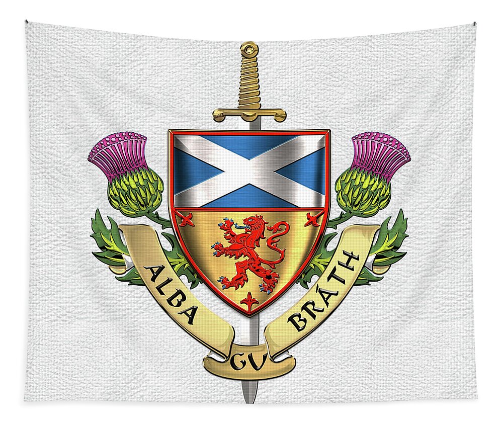 “world Heraldry” Collection Serge Averbukh Tapestry featuring the digital art Scotland Forever - Alba Gu Brath - Symbols of Scotland over White Leather by Serge Averbukh