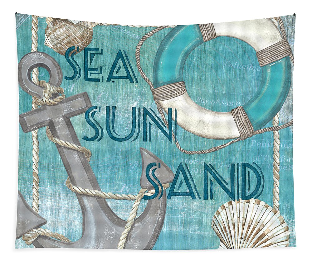 Sun Tapestry featuring the painting Sea Sun Sand by Debbie DeWitt