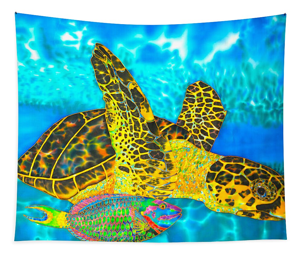 Turtle Tapestry featuring the painting Sea Turtle and Parrotfish by Daniel Jean-Baptiste