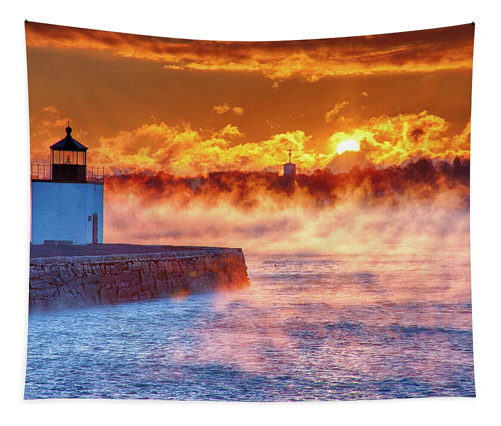 Derby Wharf Salem Tapestry featuring the photograph Seasmoke at Salem Lighthouse by Jeff Folger