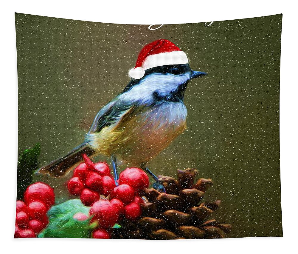 Seasons Greeting Card Tapestry featuring the photograph Seasons Greetings Chickadee by Tina LeCour