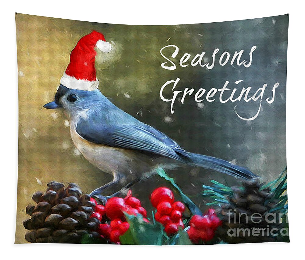 Christmas Card Tapestry featuring the mixed media Seasons Greetings Titmouse by Tina LeCour