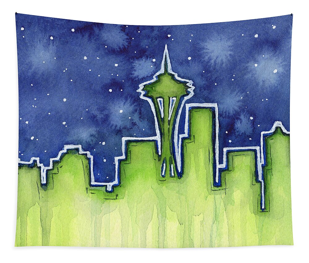 Watercolor Tapestry featuring the painting Seattle Night Sky Watercolor by Olga Shvartsur