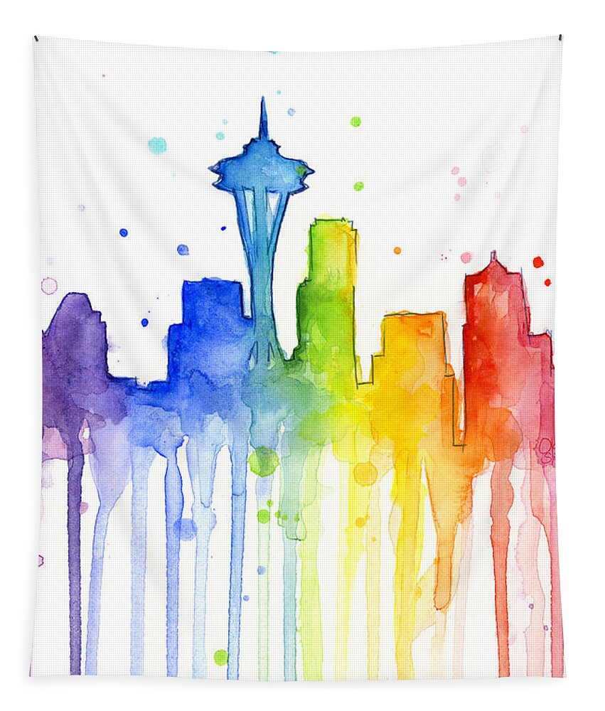 Watercolor Tapestry featuring the painting Seattle Rainbow Watercolor by Olga Shvartsur
